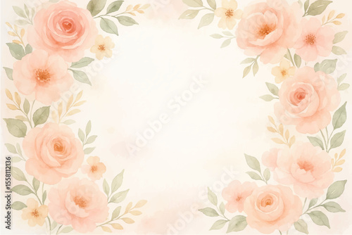 Vintage floral background with romantic pink roses, elegant frame, and decorative hearts for a wedding or Valentine's Day card design