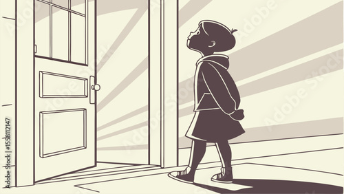 Illustration of a girl in a hoodie standing near an open door looking up at the bright light outside door