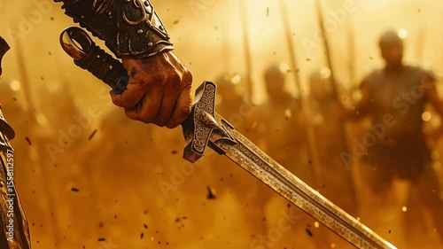 Ancient Warrior and Sword: A powerful and weathered warrior brandishes a gleaming sword amidst a chaotic battle, symbolizing strength, courage, and the intensity of combat.