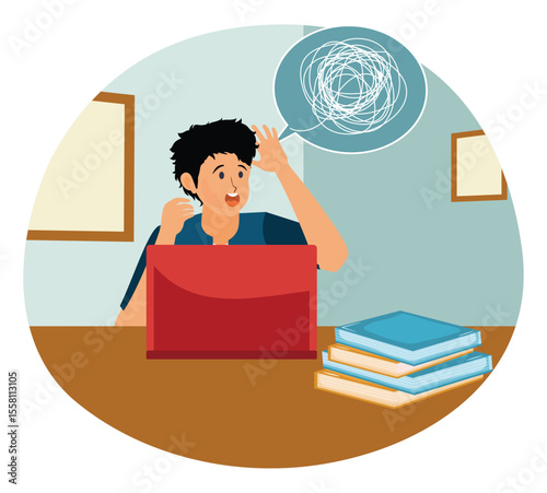 Emotional burnout concept. Frustrated Student Studying With Laptop and Books at Desk.