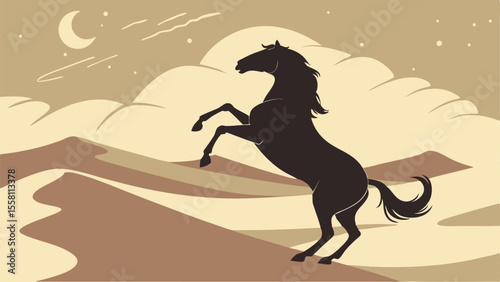 Silhouette of a horse rearing up in a desert landscape under a crescent moon and starry sky at night time