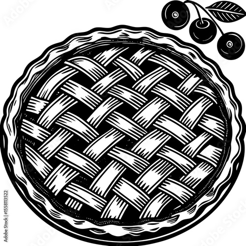 Black and white illustration of cherry pie deliciously baked with lattice crust and fresh cherries