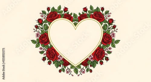 Romantic Heart Shaped Frame Adorned with Red Roses and Delicate Pink Flowers, Elegant Valentine's Day Design