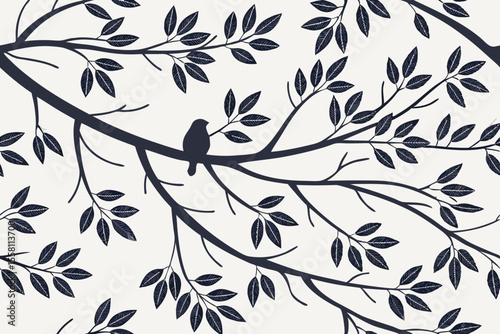 Elegant silhouette of a bird perched on a tree branch with detailed leaves on a transparent background