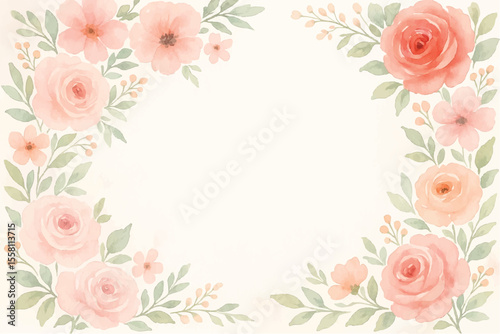 Vintage floral background with romantic pink roses, elegant frame, and decorative hearts for a wedding or Valentine's Day card design