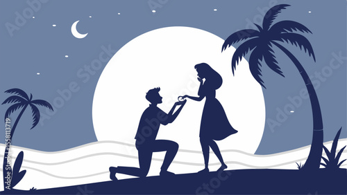 Silhouette of a man proposing to a woman on a beach with palm trees under the moonlight with a ring shown