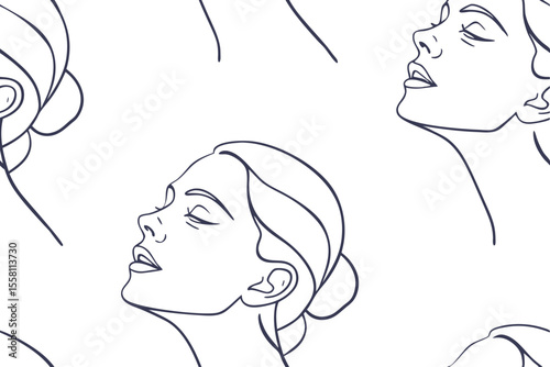 Line art illustration of serene female faces with closed eyes in a seamless pattern on white background