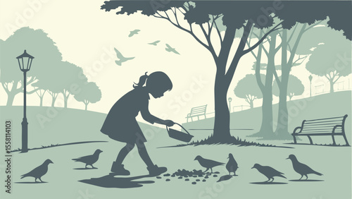 Silhouette of a girl feeding birds in a park with trees benches and a lamppost on a misty day landscape