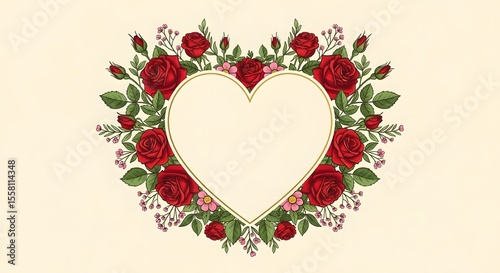 Romantic Red Roses Heart Frame Design for Valentine's Day Card or Wedding Invitation
