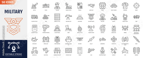 Military line editable icon set. Containing Military Equipment, tools, aids, appliances and more. Vector illustration