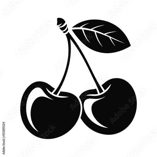 Two Cherries with Leaves Silhouette