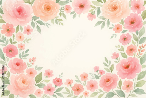 Vintage floral background with romantic pink roses, elegant frame, and decorative hearts for a wedding or Valentine's Day card design