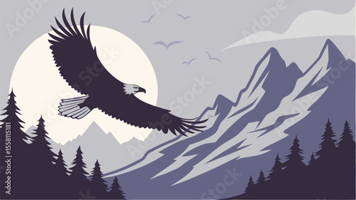 Eagle soars over a mountain range with a full moon and pine trees in a grayscale nature scene view