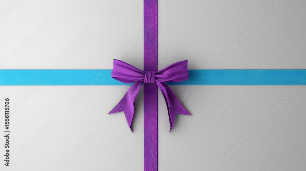 Colorful gift box with purple and blue ribbons on a smooth grey background for festive occasions Colorful gift box with purple and blue ribbons on a smooth grey background for festive occasions