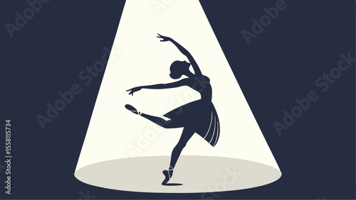 Silhouette of a ballerina in a spotlight performing a dance move on a stage with a dark background