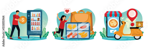 Vending machine concept. Food delivery service. Kids lunch box.