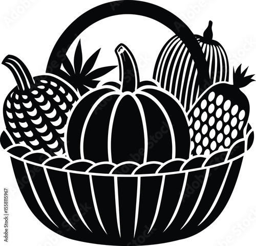 Thanksgiving Basket Vector with Pumpkins and Autumn Corn