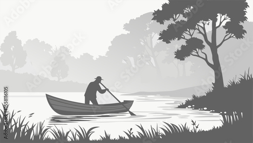 Silhouette of a man rowing a boat on a calm lake with trees and grass in the background on a misty day