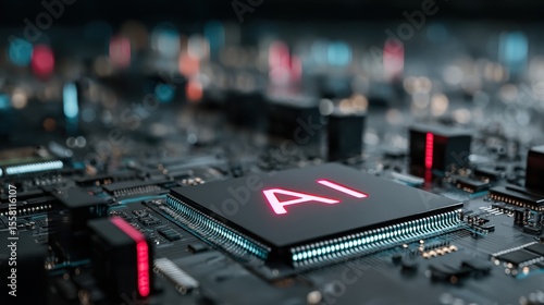 Circuit board featuring a prominent AI processor illuminated in a technology hub with intricate components