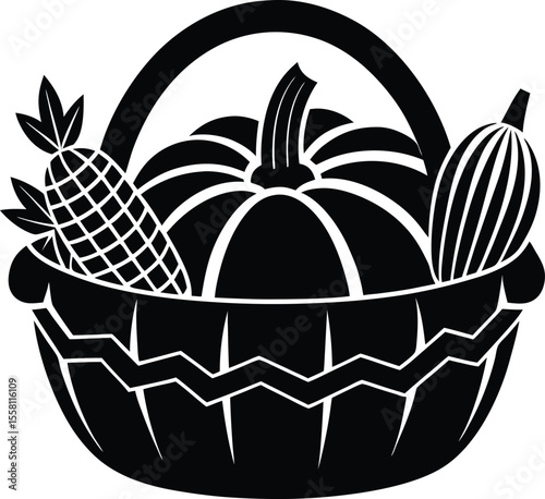 Vector Fall Basket Silhouette with Autumn Vegetables
