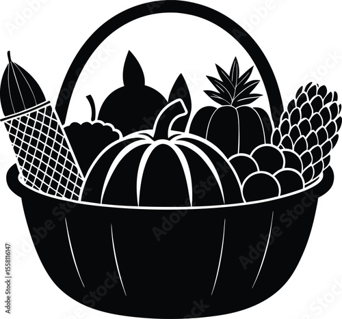 Black Harvest Basket Silhouette Full of Fall Produce