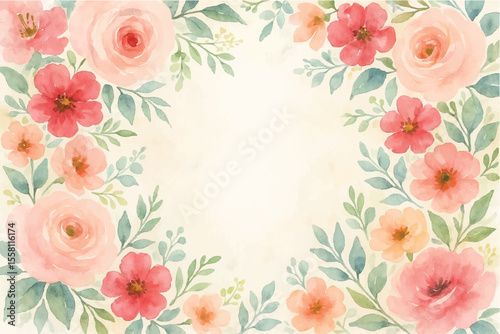 Vintage floral background with romantic pink roses, elegant frame, and decorative hearts for a wedding or Valentine's Day card design