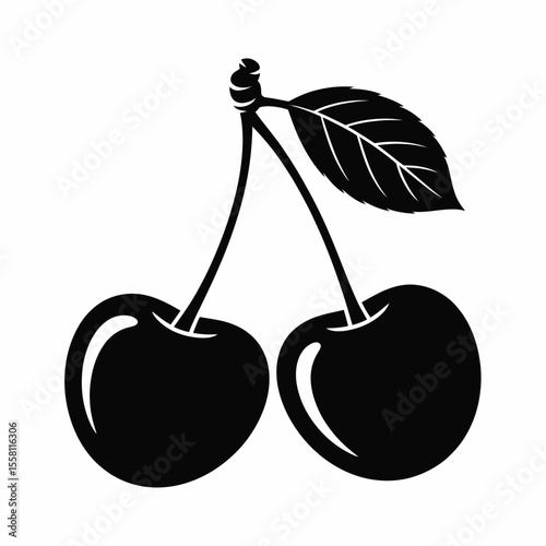 Two Cherries with Leaf Black Silhouette Illustration on White Background