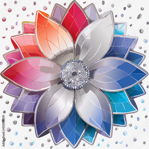 spectral grid blossom with platinum micro-foil flowers and gradient stipple mask details