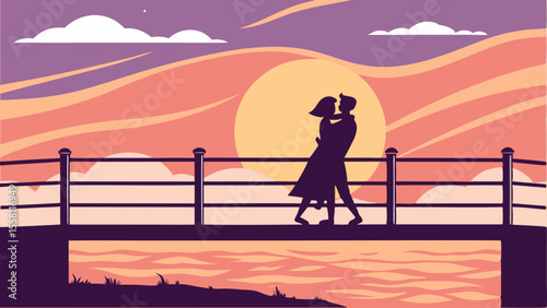 Silhouette of a couple embracing on a bridge against a sunset with clouds and water reflections visible
