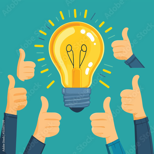 Hand with light idea bulb, other hands showing thumbs up hand sign
