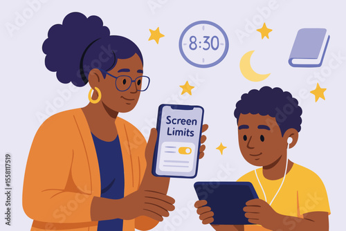 Parent Controlling Child’s Screen Time with Tablet – Flat Vector Illustration of Digital Parenting and Bedtime Routine