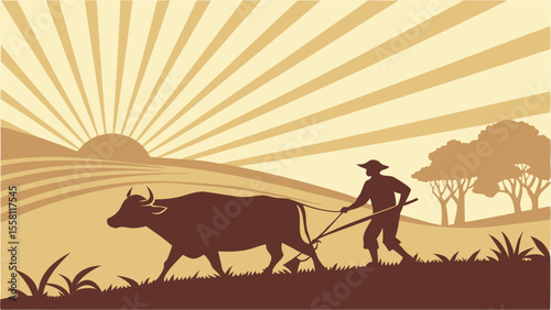 Silhouette of a farmer plowing a field with an ox under a radiant sun in a rural landscape illustration