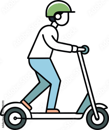 Person riding an electric scooter wearing a helmet isolated on white background