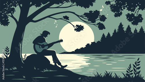 Silhouette of a person playing guitar under a tree by a lake with a full moon and forest in the background