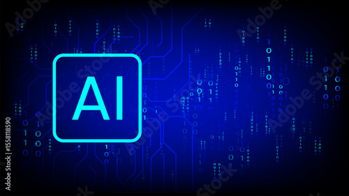 AI symbol glowing over a digital circuit background with binary code stream, representing artificial intelligence, data processing, and futuristic technology