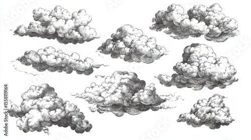 Hand Drawn Vintage Engraved Clouds Vector Set, Detailed Ink Illustration