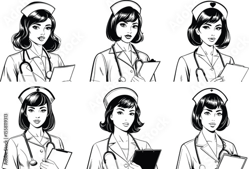 Retro pop art nurses holding clipboards and stethoscopes in a collage