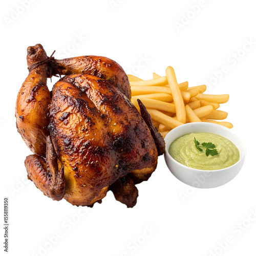 A Succulent Peruvian Pollo a la Brasa a Rotisserie Chicken with Crispy Spiced Skin on isolated transparent background