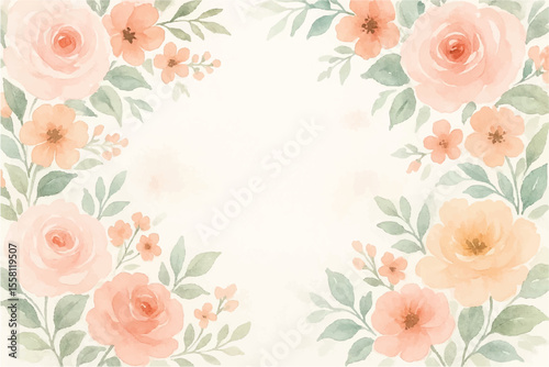 Vintage floral background with romantic pink roses, elegant frame, and decorative hearts for a wedding or Valentine's Day card design