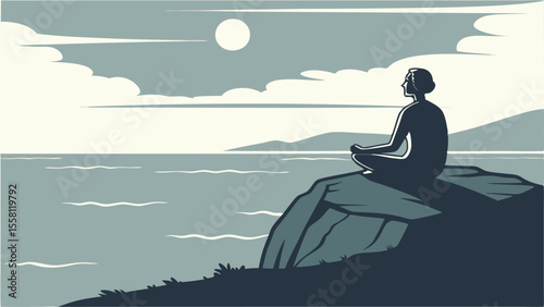 Silhouette of a person meditating on a cliff overlooking the ocean with clouds and a moon in the sky