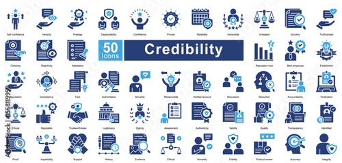 Credibility icon set contains 50 icons including, validity, quality, transparency, identified, self confidence, veracity, prestige, two color style