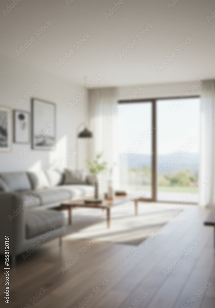 Fototapeta premium Blurred or Blurry Background Image of Modern Minimalist Living Room With Large, Comfortable Sectional Sofa, Framed Artwork and Natural Lighting For Green Screen 06