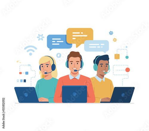 Online technical support, assistance. Call center customer support hotline operators with headsets