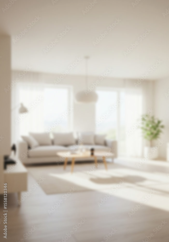 Fototapeta premium Blurred or Blurry Background Image of Modern Minimalist Living Room With Large, Comfortable Sectional Sofa, Framed Artwork and Natural Lighting For Green Screen 03