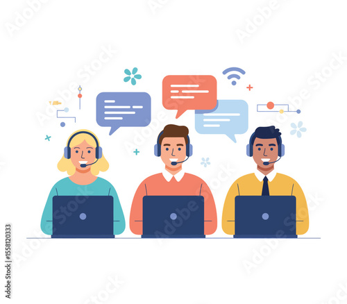 Online technical support, assistance. Call center customer support hotline operators with headsets