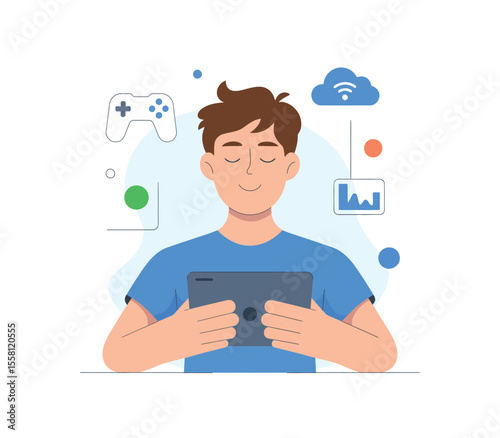 Young guy playing online game on smartphone. Professional mobile gaming concept