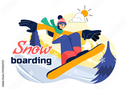 Snowboarding Vector Illustration Featuring People Sliding and Jumping on a Snowy Mountain Slope During Winter in a Flat Style Cartoon Background