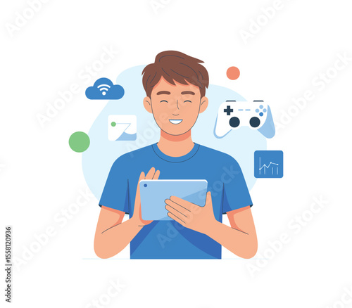 Young guy playing online game on smartphone. Professional mobile gaming concept