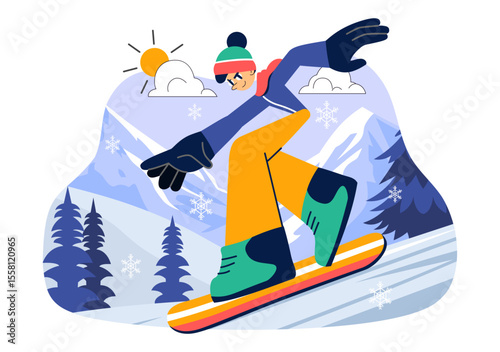 Snowboarding Vector Illustration Featuring People Sliding and Jumping on a Snowy Mountain Slope During Winter in a Flat Style Cartoon Background