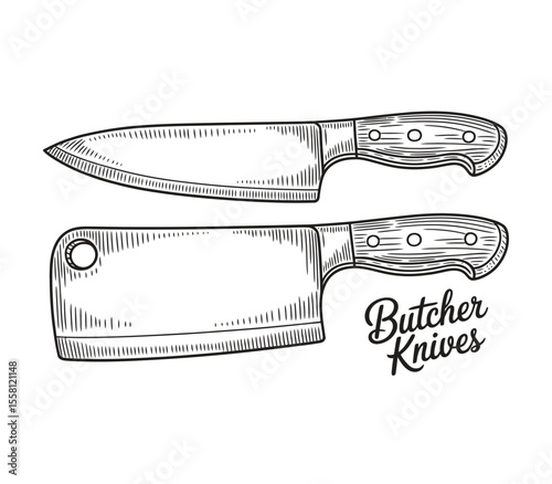 Kitchen and meat cutting knives set. Cleaver chef and butcher tools. Sketch vintage vector illustration